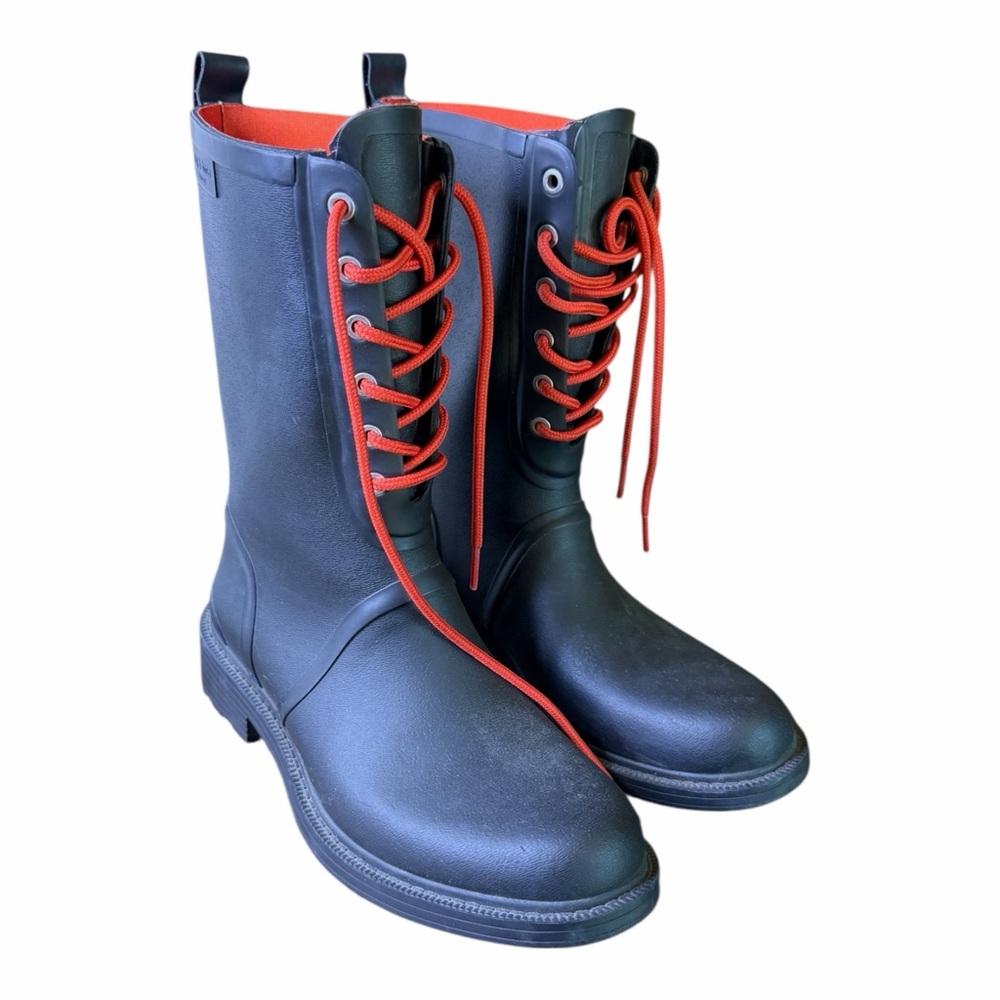 Rag and Bone Ansel Lace Up Black Rainboots with Red Laces 37/7
